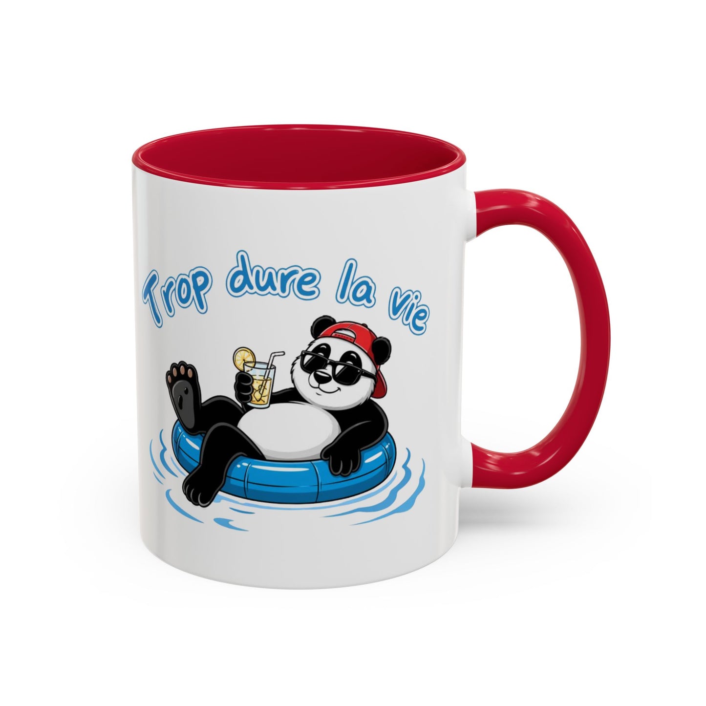 Mug Panda Relax Humour – “Trop Dure La Vie” – Tasse Panda Bouée Cocktail Vacances – Cadeau Drôle Homme Femme – Céramique 325ml Noir Bleu Rouge