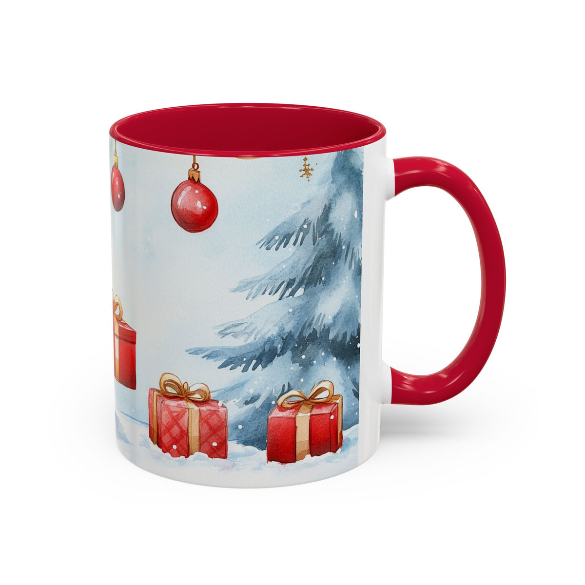 Mug Lapin de Noël avec Cadeaux – Tasse Hiver Sapins Enneigés Style Aquarelle – Cadeau de Noël Homme Femme noir bleu rouge