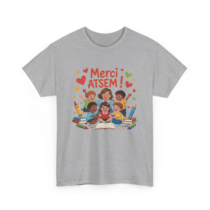T-shirt Merci ATSEM Femme – Cadeau Fin d’Année Scolaire – Tee Shirt Aide Maternelle École Maternelle Blanc Gris Noir