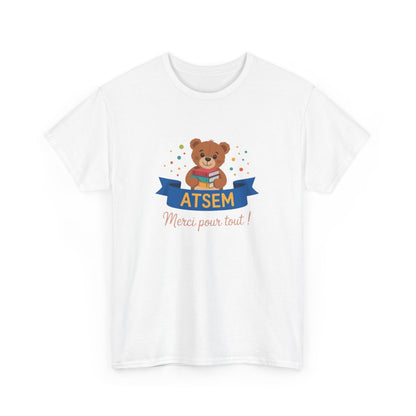 T-shirt Merci ATSEM Femme – Ourson Mignon et Livres – Cadeau Fin d’Année Aide Maternelle École Maternelle Noir Gris Blanc