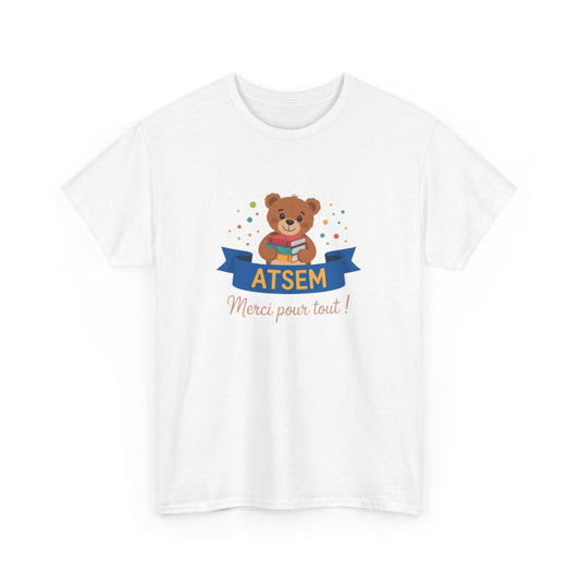 T-shirt Merci ATSEM Femme – Ourson Mignon et Livres – Cadeau Fin d’Année Aide Maternelle École Maternelle Noir Gris Blanc