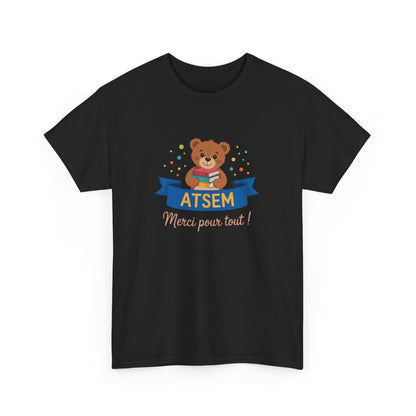 T-shirt Merci ATSEM Femme – Ourson Mignon et Livres – Cadeau Fin d’Année Aide Maternelle École Maternelle Noir Gris Blanc