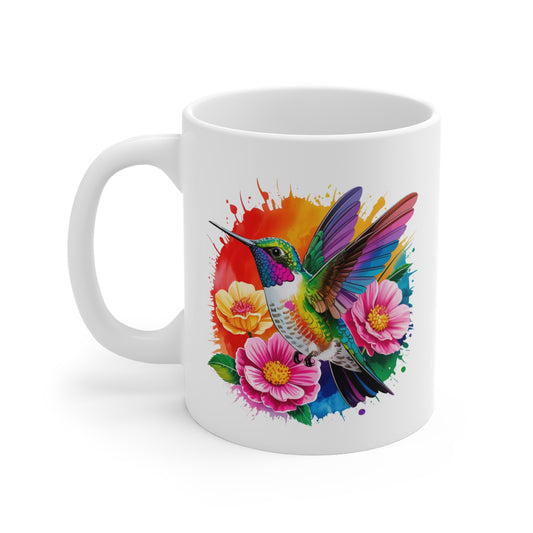 Tasse Colibri Coloré et Fleurs – Mug Tropical Aquarelle Multicolore – Design Oiseau Nature Floral – Cadeau Artistique 325ml