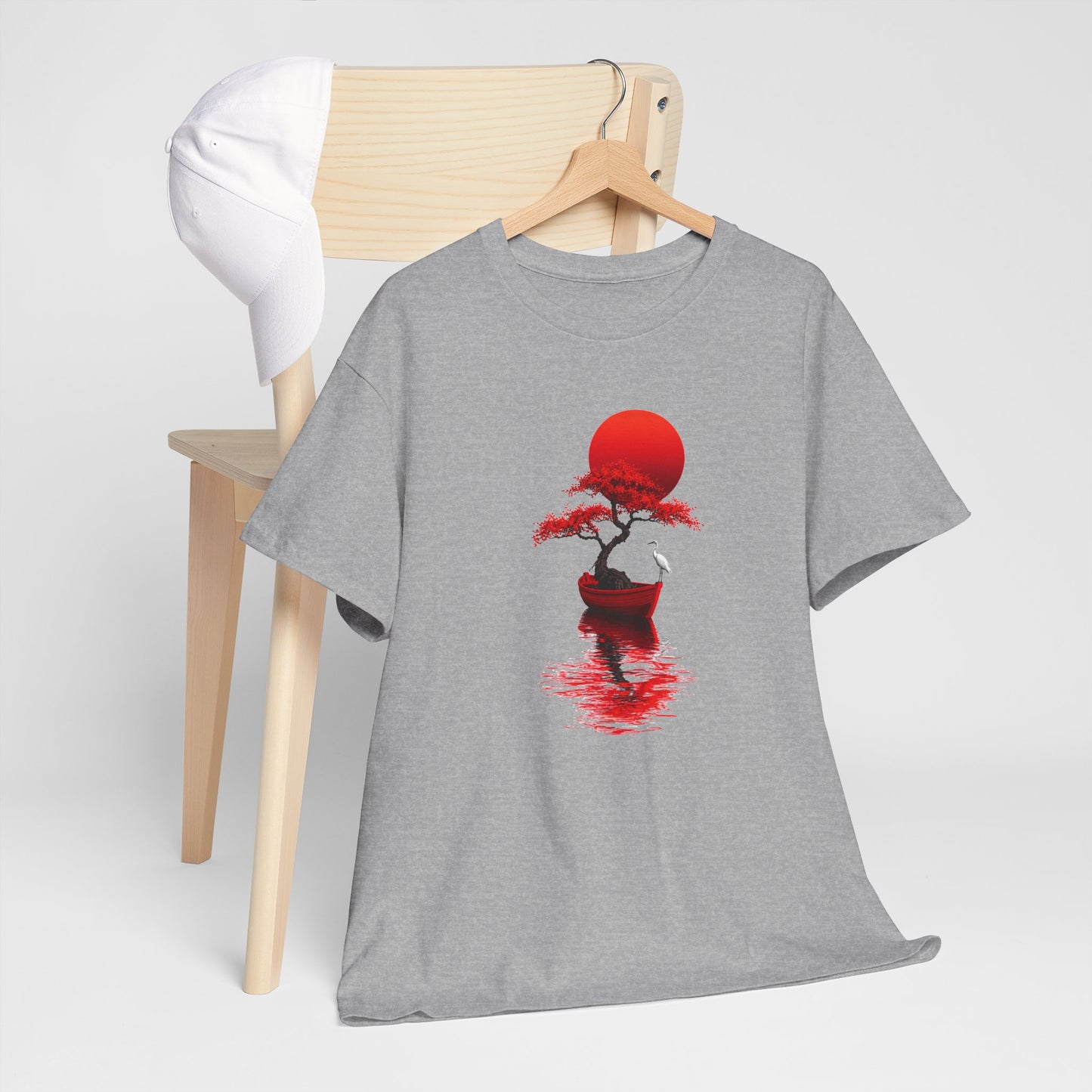 Tee Shirt Homme et Femme Japonais Bonsaï Héron Soleil Rouge Paysage Zen Nature Asiatique Art Traditionnel
