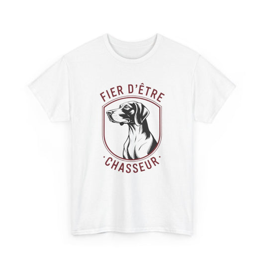 Tee-Shirt Chasseur Homme – Design Chien de Chasse – T-shirt Blanc ou Gris – Fier d’Être Chasseur