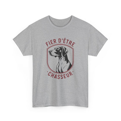 Tee-Shirt Chasseur Homme – Design Chien de Chasse – T-shirt Blanc ou Gris – Fier d’Être Chasseur
