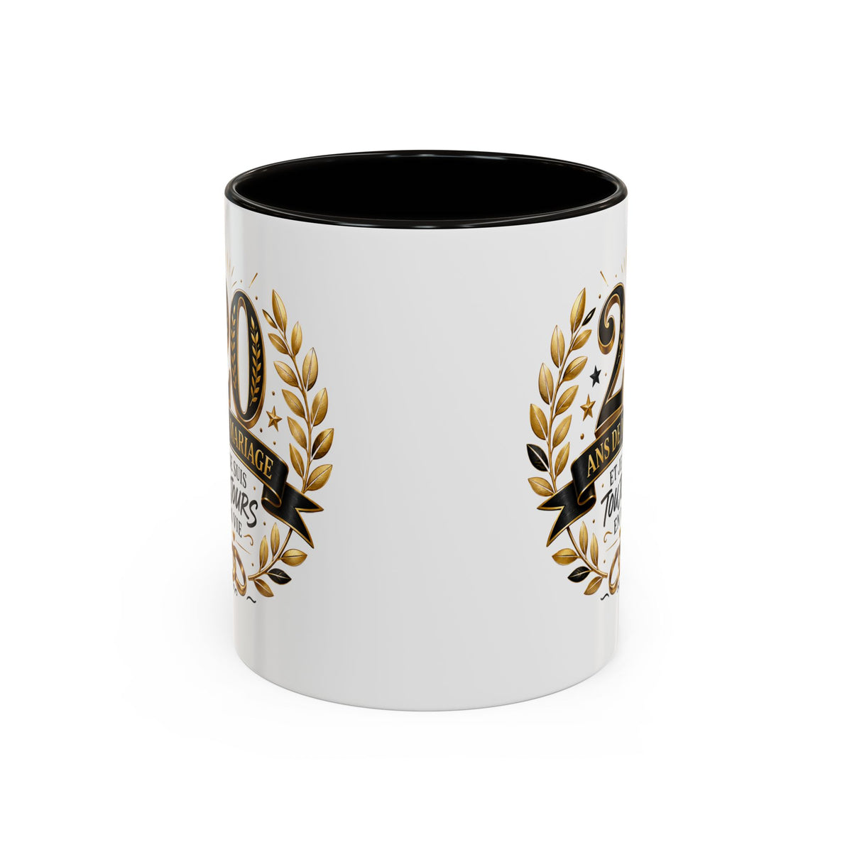 Mug 20 Ans de Mariage et Je Suis Toujours en Vie – Tasse Humoristique Anniversaire de Mariage – Idée Cadeau Couple Noces de Porcelaine noir bleu rouge