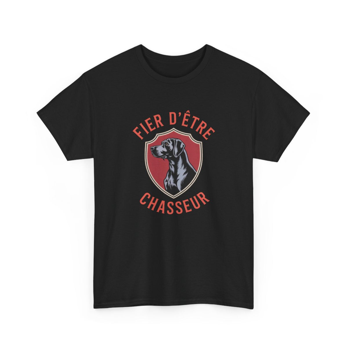 Tee-Shirt Noir Chasseur Cynégétique – T-shirt Fier d’Être Chasseur – Design Chien de Chasse Blason Rouge