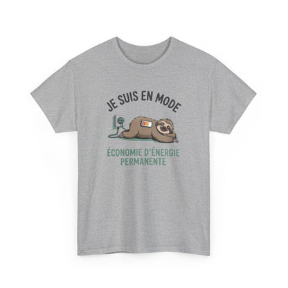 Tee-Shirt Paresseux Économie d’Énergie – T-shirt Humour Adulte Coton Blanc ou Gris – Cadeau Fun Détente Original