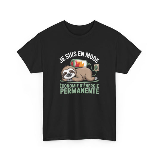 Tee-Shirt Noir Paresseux Économie d’Énergie – T-shirt Humour Adulte Coton – Cadeau Détente Drôle et Original