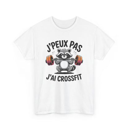 Tee-Shirt J’Peux Pas J’Ai Crossfit – T-shirt Blanc ou Gris Sport – Design Raton Laveur Musclé – Humour Fitness