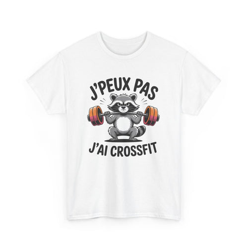 Tee-Shirt J’Peux Pas J’Ai Crossfit – T-shirt Blanc ou Gris Sport – Design Raton Laveur Musclé – Humour Fitness