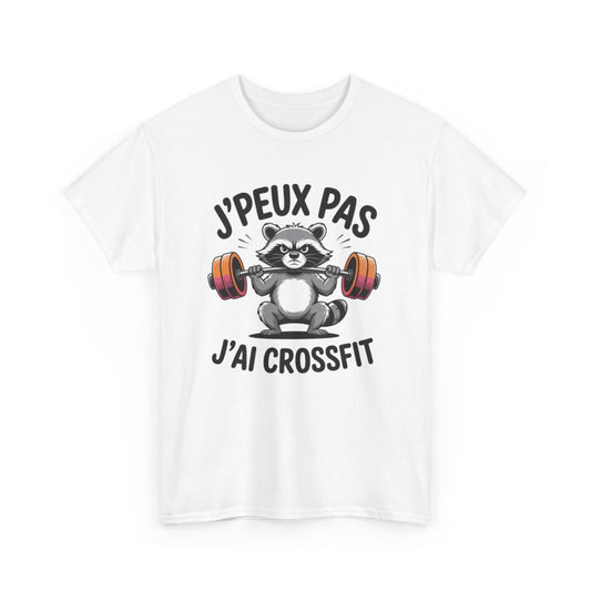 Tee-Shirt J’Peux Pas J’Ai Crossfit – T-shirt Blanc ou Gris Sport – Design Raton Laveur Musclé – Humour Fitness