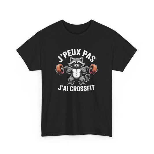 Tee-Shirt Noir J’Peux Pas J’Ai Crossfit – T-shirt Humour Fitness Raton Laveur Musclé – Coton Adulte Sport