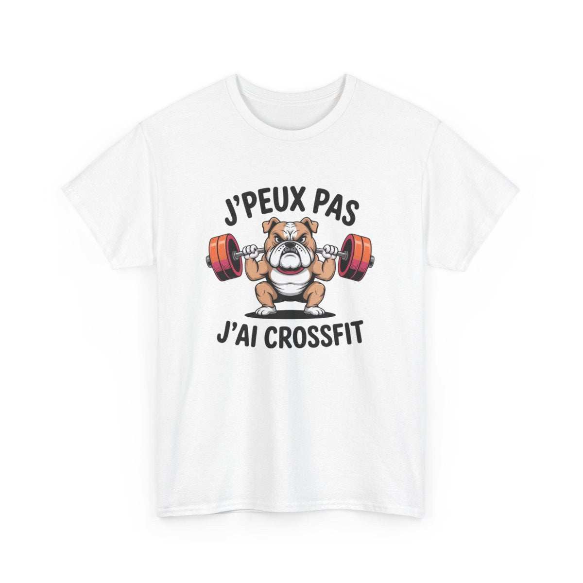 Tee-Shirt J’Peux Pas J’Ai Crossfit – T-shirt Blanc ou Gris Sport Bulldog Muscu – Humour Coton Adulte Fitness