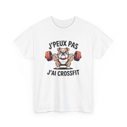 Tee-Shirt J’Peux Pas J’Ai Crossfit – T-shirt Blanc ou Gris Sport Bulldog Muscu – Humour Coton Adulte Fitness