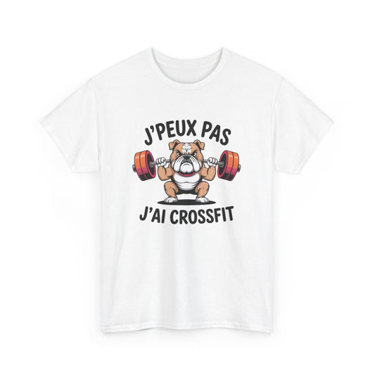 Tee-Shirt J’Peux Pas J’Ai Crossfit – T-shirt Blanc ou Gris Sport Bulldog Muscu – Humour Coton Adulte Fitness