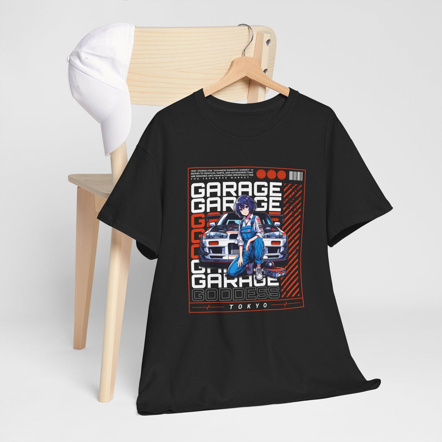 T-Shirt Femme Garage Goddess Tokyo – Tee Shirt JDM Anime Girl Voiture – Design Street Racing Japon Noir Cadeau Passion Auto