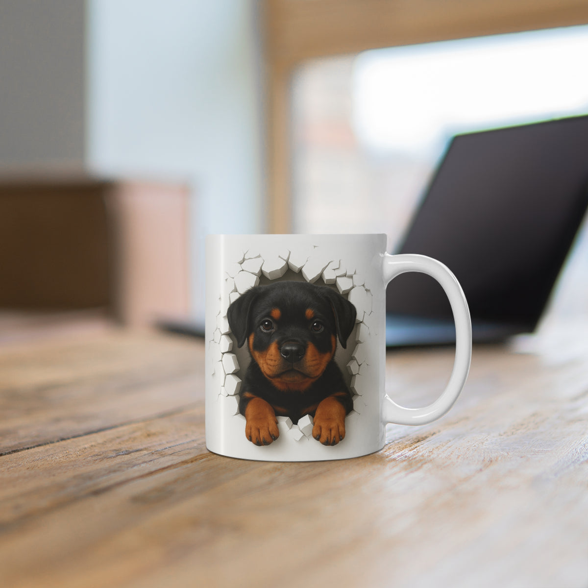 Mug Rottweiler Effet Mur Cassé – Tasse Chien 3D Trompe-l’œil – Cadeau Original Amoureux du Rottweiler
