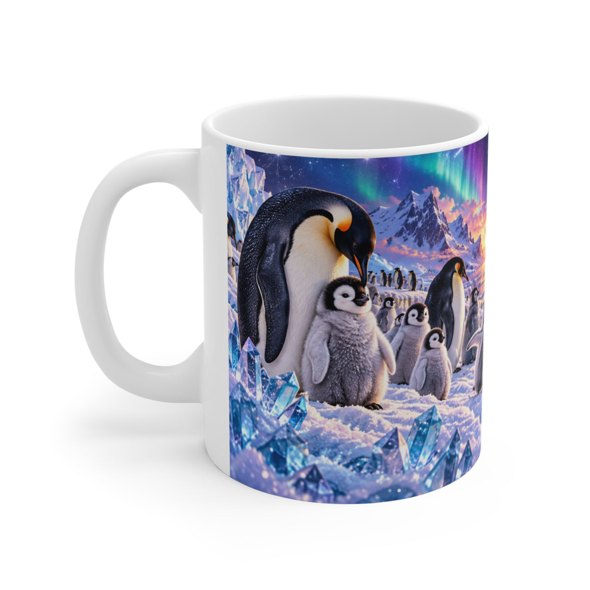 Mug Famille de Pingouins sous les Aurores Boréales – Tasse Paysage Polaire avec Glace et Montagnes – Cadeau Original Amoureux des Animaux