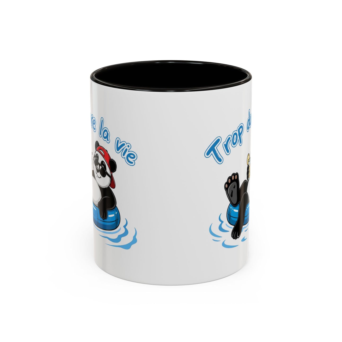 Mug Panda Relax Humour – “Trop Dure La Vie” – Tasse Panda Bouée Cocktail Vacances – Cadeau Drôle Homme Femme – Céramique 325ml Noir Bleu Rouge