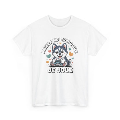 T-shirt Husky Gamer Unisexe Motif Manette & Texte  Laissez-moi Tranquille, Je Joue  Coton Blanc & Gris Sport S-3XL