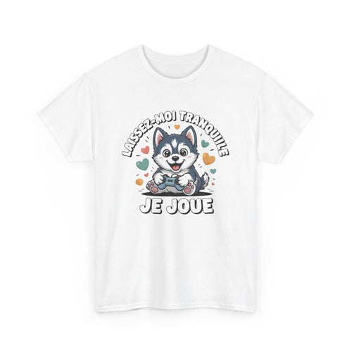 T-shirt Husky Gamer Unisexe Motif Manette & Texte  Laissez-moi Tranquille, Je Joue  Coton Blanc & Gris Sport S-3XL