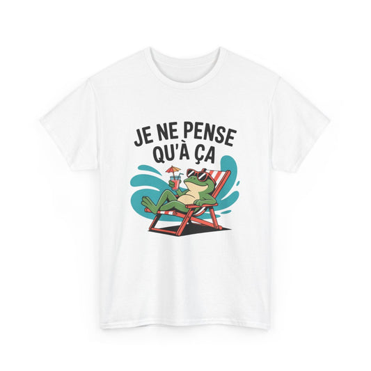 T-shirt Unisexe Humour Été Je Ne Pense Qu’à Ça  Grenouille Transat et Cocktail Tee-shirt Blanc & Gris Coton S-3XL
