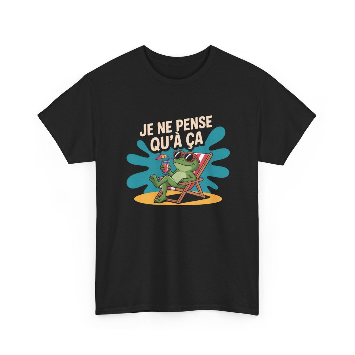 T-shirt Noir Humour Été  Grenouille Transat & Cocktail  Je Ne Pense Qu’à Ça  Tee-shirt Marrant Unisexe Vacances Apéro Chill
