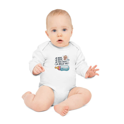 Body Bébé Drôle "Je Bois Je Rote Je Fais Caca" – Cadeau Naissance Original – Manche Longue Coton Blanc – Humour Nouveau-né