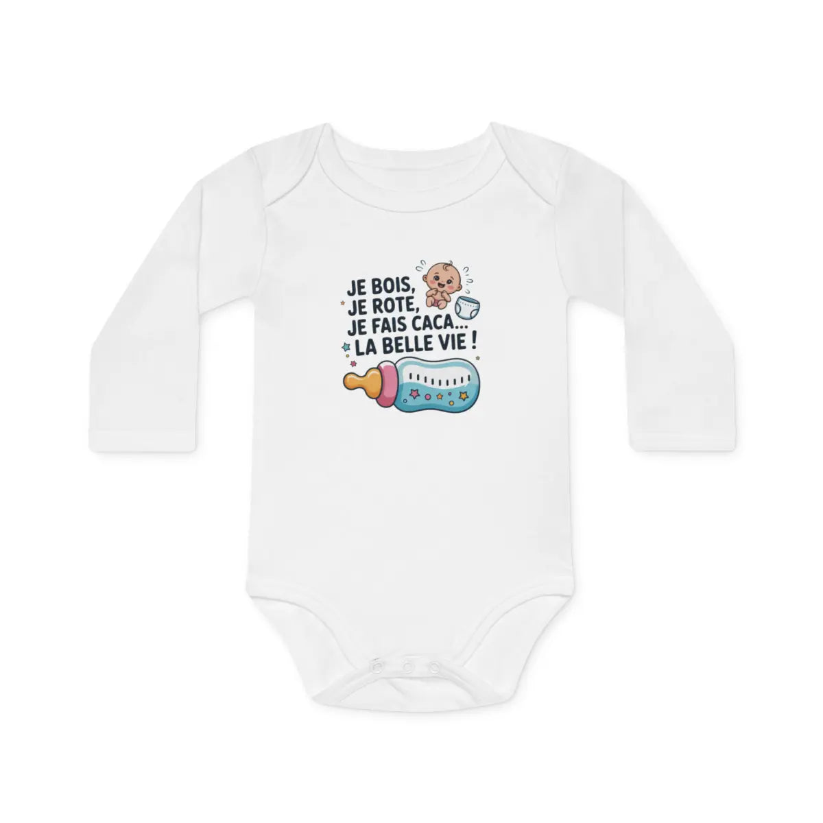 Body Bébé Drôle "Je Bois Je Rote Je Fais Caca" – Cadeau Naissance Original – Manche Longue Coton Blanc – Humour Nouveau-né