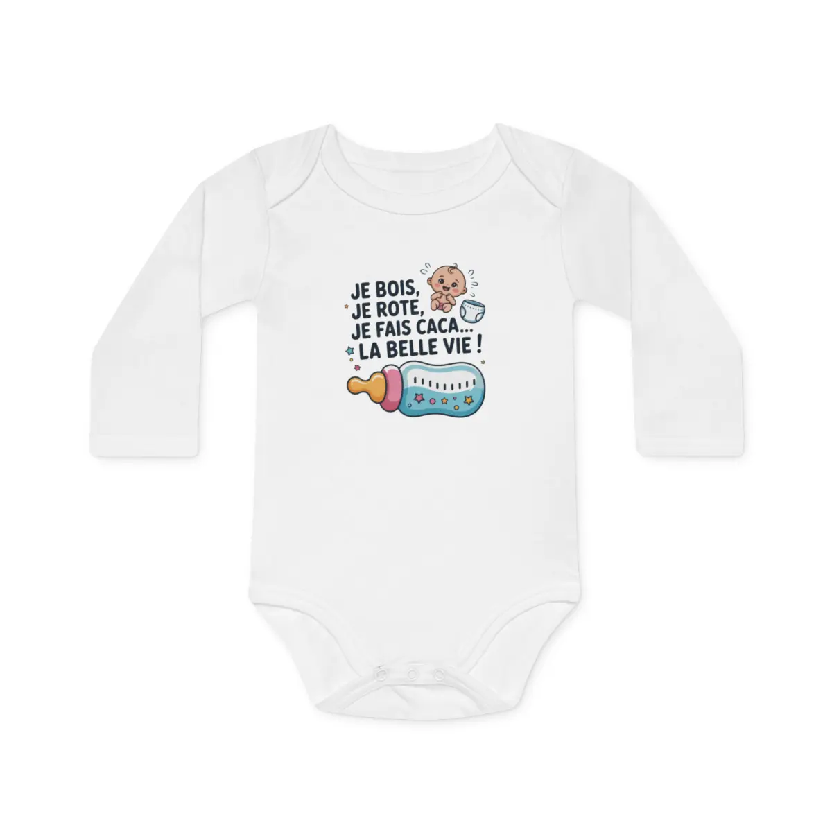Body Bébé Drôle "Je Bois Je Rote Je Fais Caca" – Cadeau Naissance Original – Manche Longue Coton Blanc – Humour Nouveau-né