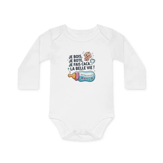 Body Bébé Drôle "Je Bois Je Rote Je Fais Caca" – Cadeau Naissance Original – Manche Longue Coton Blanc – Humour Nouveau-né
