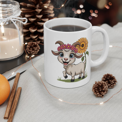 Mug Chèvre Mignonne 325ml – Tasse Céramique Tournesol & Fleurs Cartoon – Cadeau Nature Original