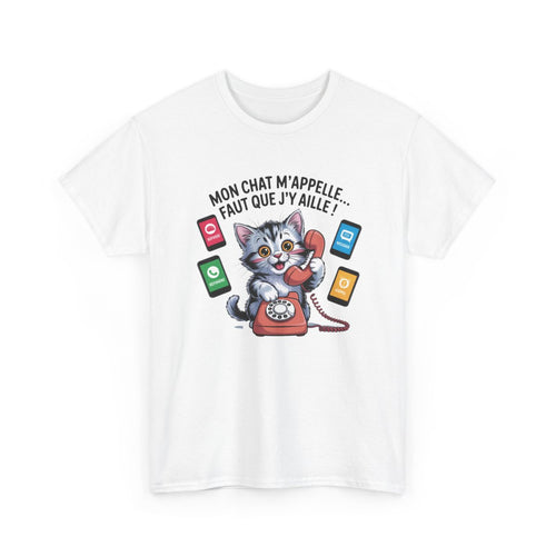T-shirt Mon Chat M’Appelle – Citation Drôle Chat Téléphone – Tee Shirt Blanc ou Gris Humour Coton Adulte