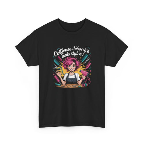 T-shirt Coiffeuse Débordée mais Stylée  Tee Shirt Femme Noir Métier Humour  Cadeau Coiffeuse avec Design Drôle & Coloré