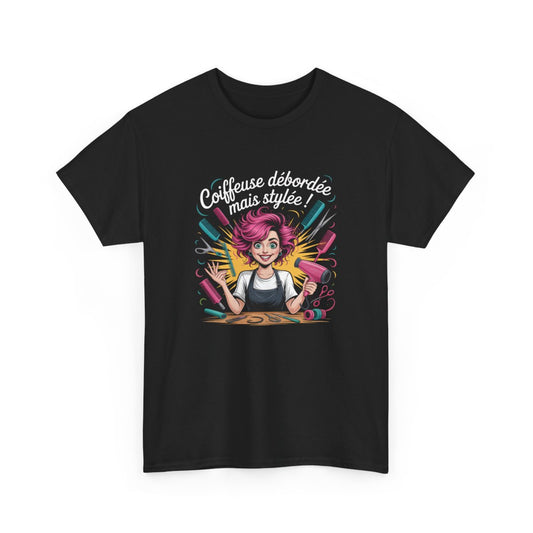 T-shirt Coiffeuse Débordée mais Stylée  Tee Shirt Femme Noir Métier Humour  Cadeau Coiffeuse avec Design Drôle & Coloré