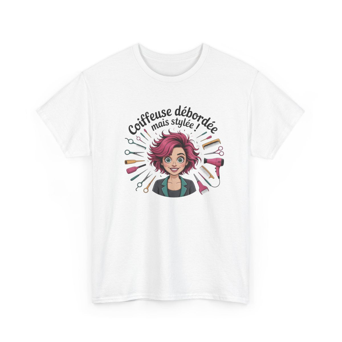 T-shirt Coiffeuse Débordée mais Stylée Tee Shirt Femme Métier Humoristique Blanc ou Gris  Illustration Colorée
