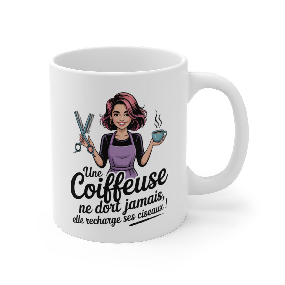 Tasse Coiffeuse – Une Coiffeuse ne Dort Jamais, Elle Recharge ses Ciseaux – Mug Humour Coiffure 325ml