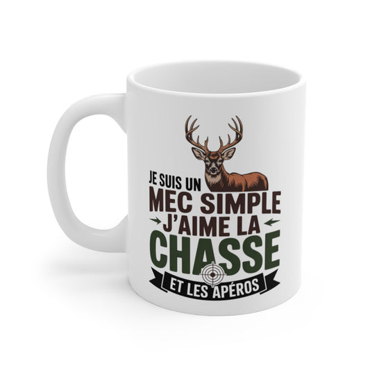 Tasse Chasseur Drôle 325ml – Je Suis un Mec Simple J’aime la Chasse et les Apéros – Cadeau Humour Chasse Homme