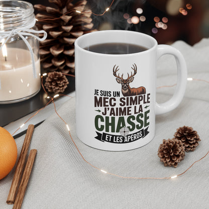 Tasse Chasseur Drôle 325ml – Je Suis un Mec Simple J’aime la Chasse et les Apéros – Cadeau Humour Chasse Homme