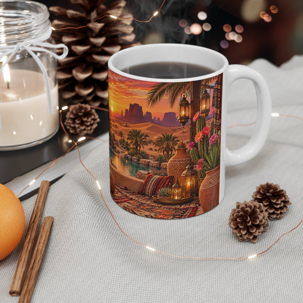 Mug Paysage Désertique Oriental au Coucher de Soleil – Tasse Oasis, Cactus, Lanternes et Décor Bohème – Cadeau Original Voyage et Déco