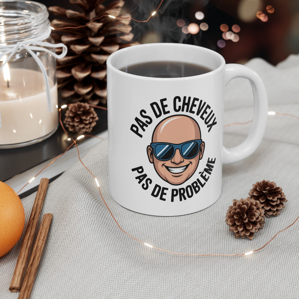 Tasse Humour Chauve – Pas de Cheveux Pas de Problème – Cadeau Rigolo Calvitie Homme 325ml