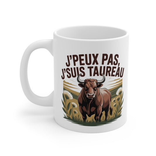 Tasse Signe Astrologique Taureau – Mug Horoscope Drôle “J’peux Pas J’suis Taureau” – Cadeau Zodiaque Céramique 325ml