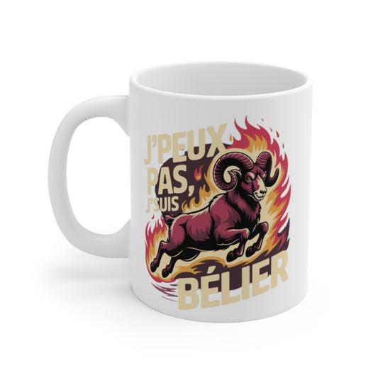 Tasse Horoscope Bélier – Mug Astrologie Feu “J’peux Pas J’suis Bélier” – Cadeau Zodiaque Céramique 325ml