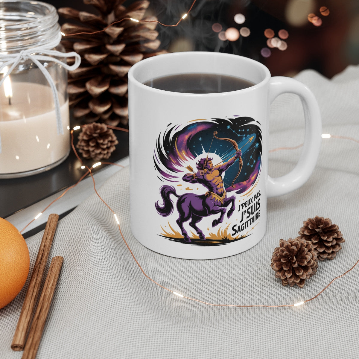 Tasse Astrologie Sagittaire – Mug Zodiaque Étoilé “J’peux Pas J’suis Sagittaire” – Cadeau Horoscope Céramique 325ml