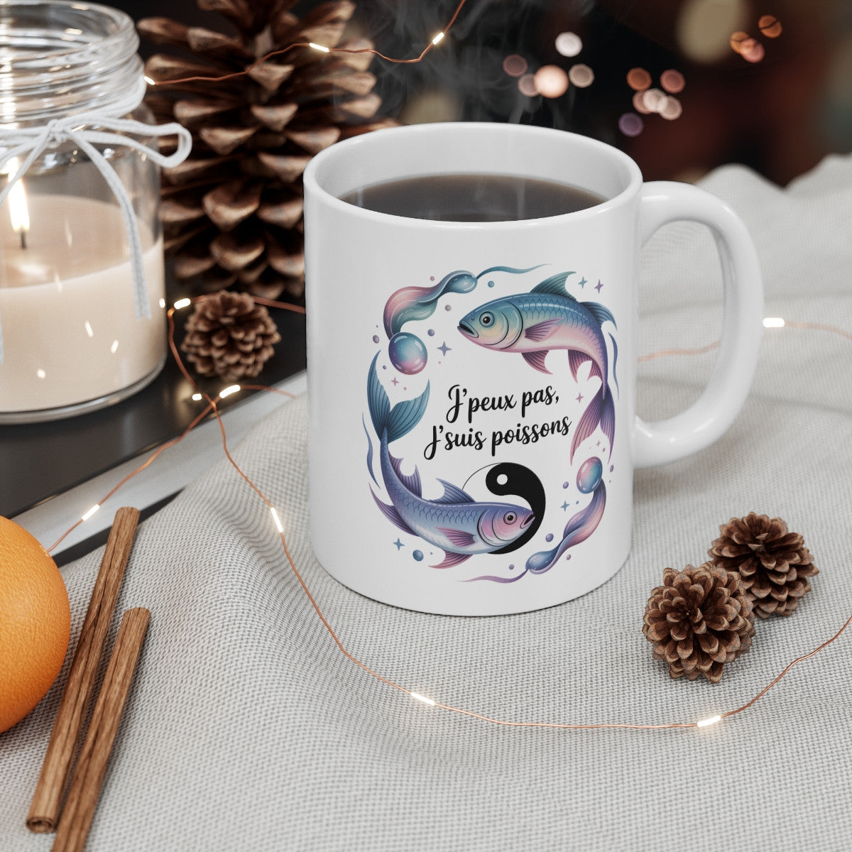 Tasse Astrologie Poissons – Mug Zodiaque “J’peux Pas J’suis Poissons” – Cadeau Signe Eau Céramique 325ml