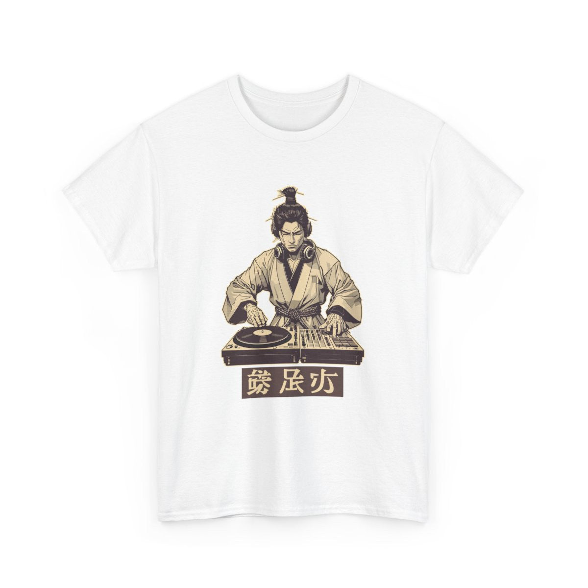 T-shirt Samouraï DJ Unisexe – Tee-shirt Japon Musique Streetwear – Blanc ou Gris – Cadeau Culture Hip-Hop Nippon