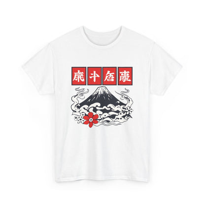 T-shirt Japon Mont Fuji Unisexe – Tee-shirt Fleurs, Nuages & Kanji – Noir Blanc Gris – Design Culture Nipponne