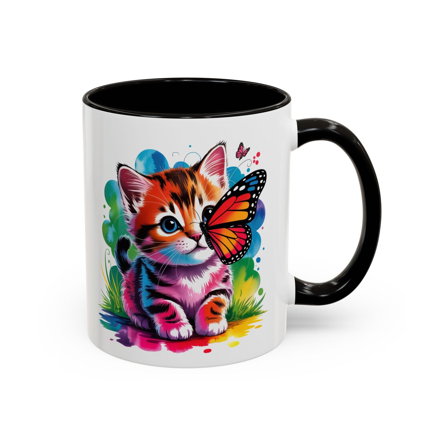 Mug Chaton Kawaii avec Papillon Arc-en-Ciel – Tasse Mignonne et Colorée Cadeau Amoureux des Chats – Céramique 325ml